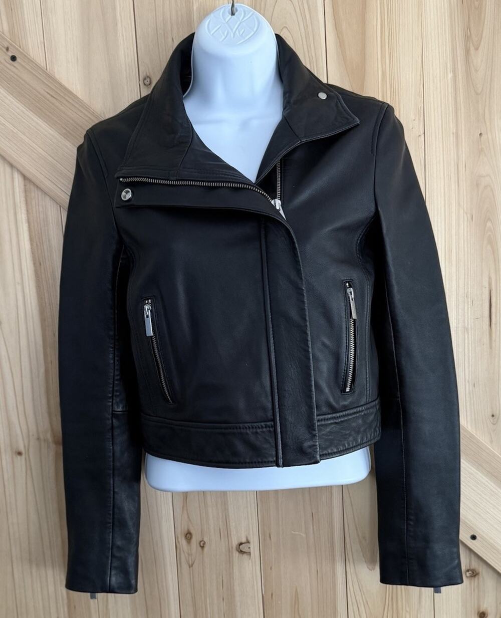 Babaton Aritzia Leather Jagger Moto Jacket Asymmetrical Zip Funnel Neck Sz XXS